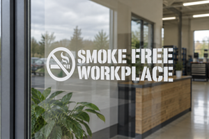 Smoke-free workplace vinyl wall decal with no-smoking symbol and wide lettering, white