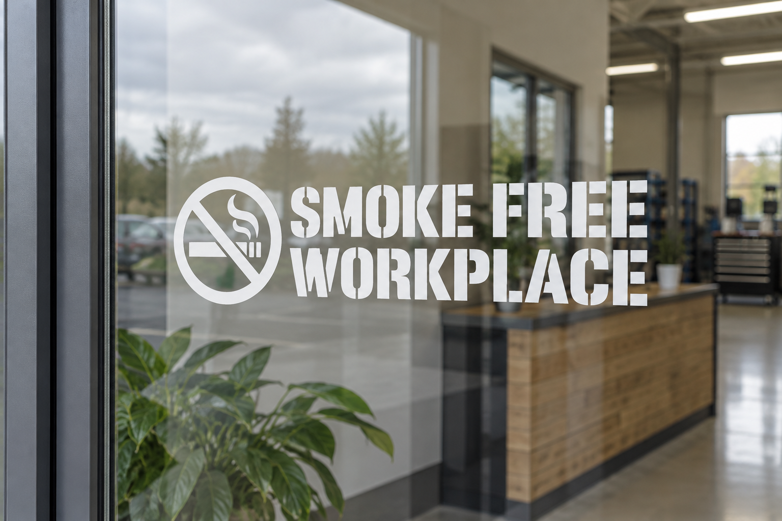 Smoke-free workplace vinyl wall decal with no-smoking symbol and wide lettering, white