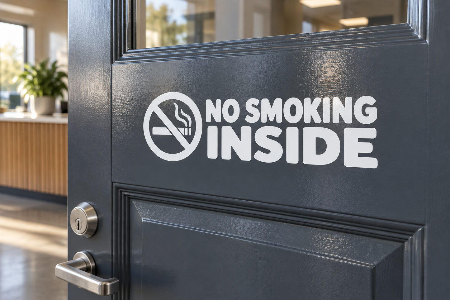 No Smoking Inside horizontal vinyl decal with circular no-smoking symbol and white text