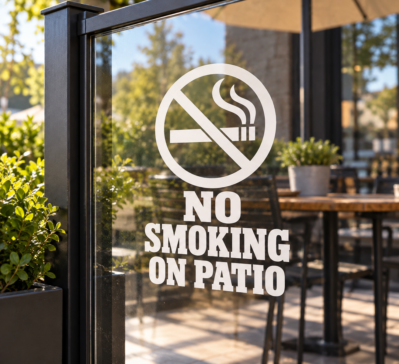 No smoking on patio vinyl decal: no cigarette icon and bold text