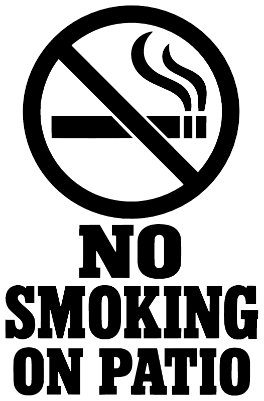 No smoking on patio vinyl decal, black no-smoking symbol with 'NO SMOKING ON PATIO'