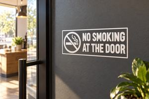 Corner frame vinyl decal with “No Smoking at the Door” warning sign on a wall