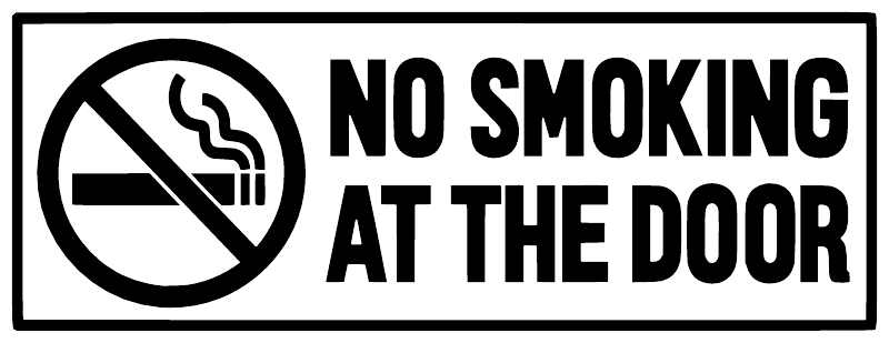 Corner frame vinyl decal reading “No Smoking at the Door” with crossed cigarette icon