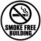Smoke-free building vinyl decal, bold black circle with crossed cigarette and text