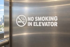 White wide lettering “No Smoking in Elevator” vinyl decal with no-smoking icon on metal door