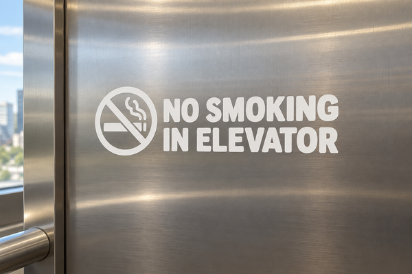 White wide lettering “No Smoking in Elevator” vinyl decal with no-smoking icon on metal door