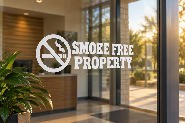 Smoke-free property vinyl decal with no smoking symbol and bold text on glass