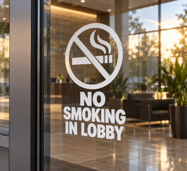 No Smoking in Lobby vinyl decal: smoke icon with slash and stacked text.