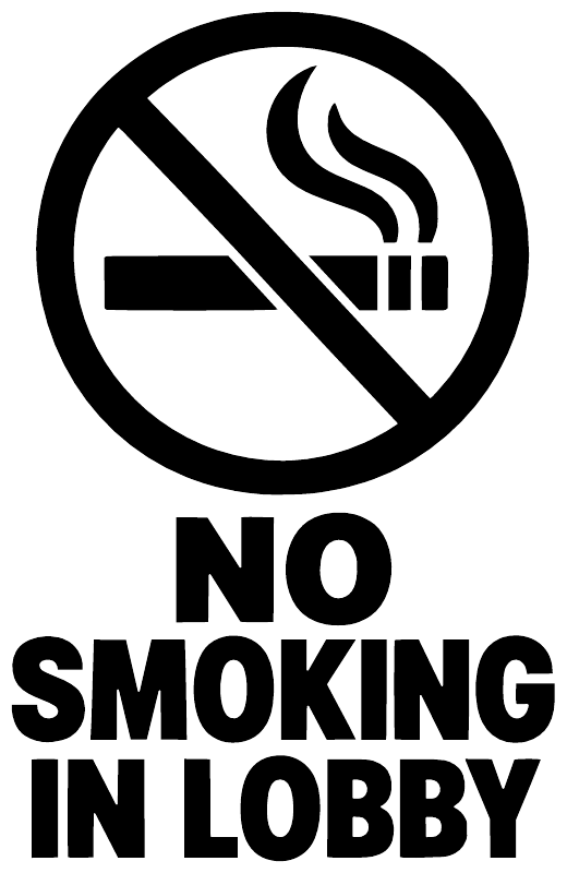 No Smoking in Lobby vinyl decal, black circle with crossed smoke and bold text.