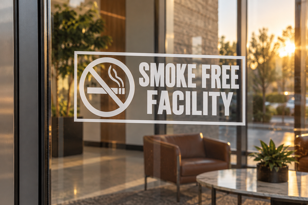 Smoke-free facility corner vinyl decal with no-smoking symbol and bold text
