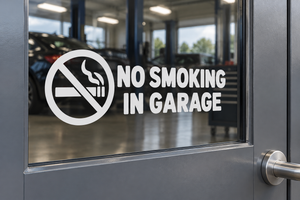 No smoking in garage vinyl decal with crossed cigarette icon and bold text on glass