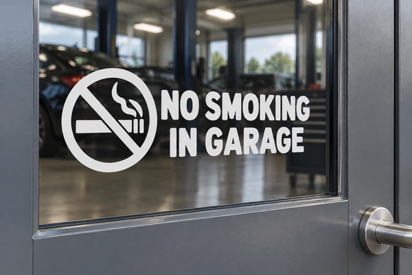 No smoking in garage vinyl decal with crossed cigarette icon and bold text on glass