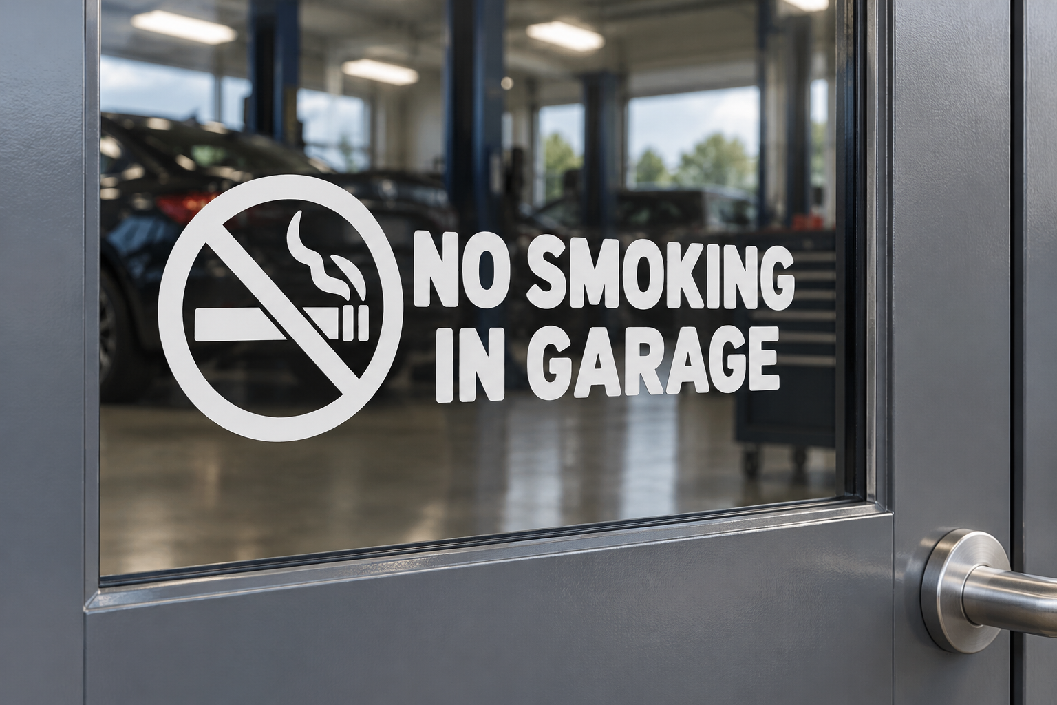 No smoking in garage vinyl decal with crossed cigarette icon and bold text on glass