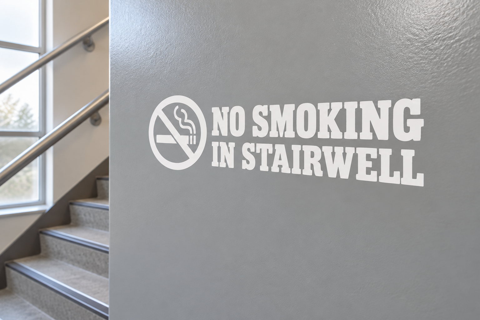 No smoking in stairwell vinyl decal with crossed cigarette icon and bold light lettering