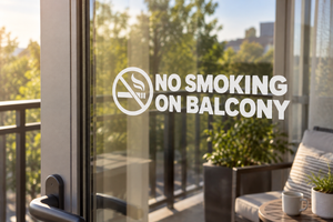 Horizontal vinyl decal: white 'No Smoking on Balcony' text with crossed cigarette icon