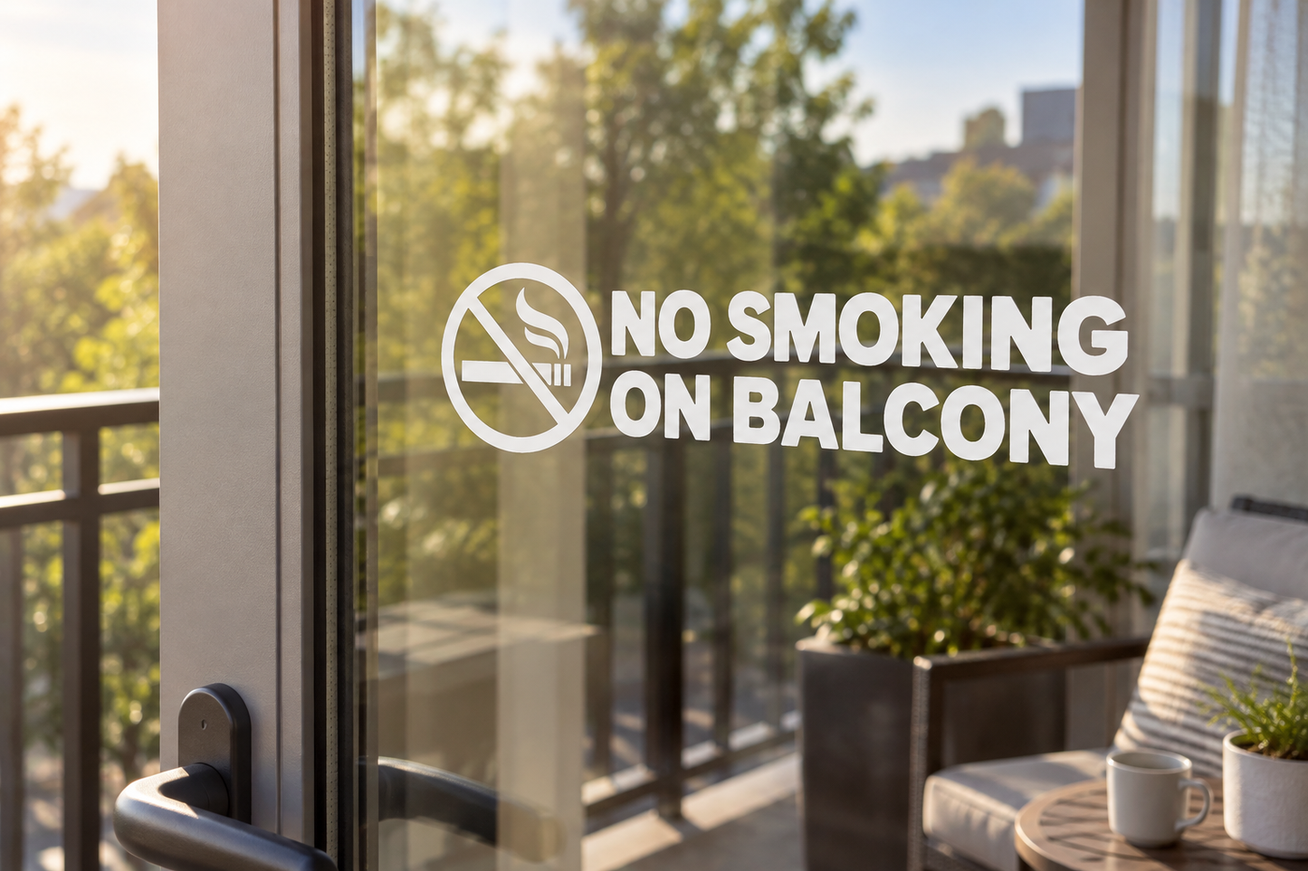 Horizontal vinyl decal: white 'No Smoking on Balcony' text with crossed cigarette icon