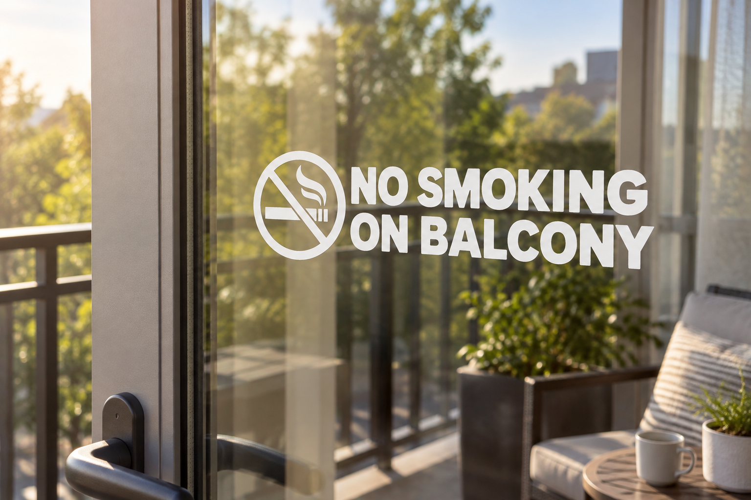 Horizontal vinyl decal: white 'No Smoking on Balcony' text with crossed cigarette icon