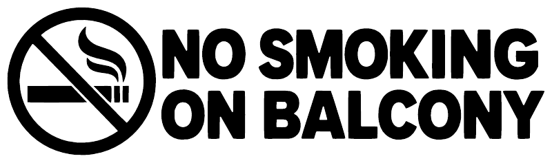 Horizontal vinyl decal: black 'No Smoking on Balcony' lettering with no-smoking symbol