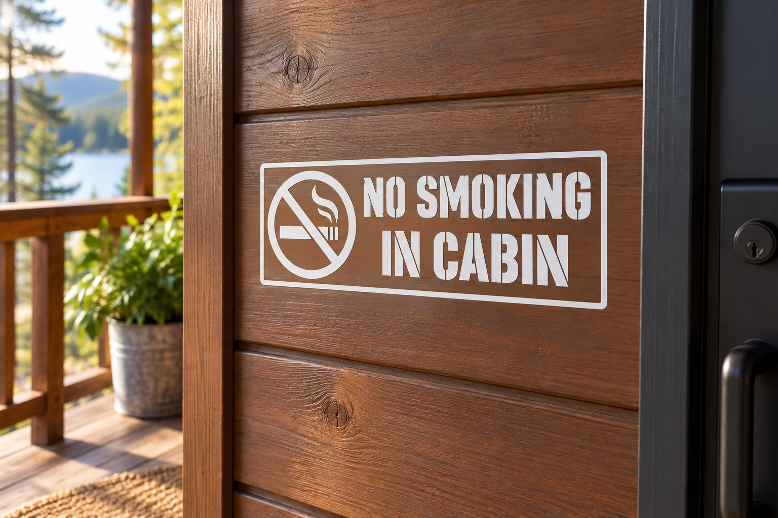 White vinyl corner-frame decal reading 'No Smoking in Cabin' with no-smoking icon.