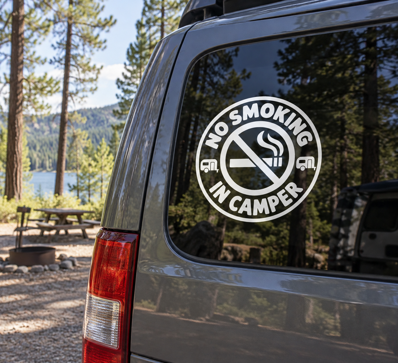 Circular vinyl decal for camper windows: no smoking sign with crossed cigarette icon