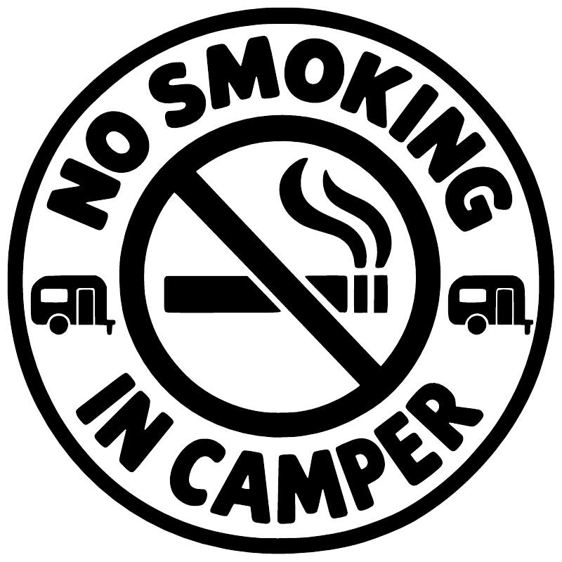 Close-up circular no smoking camper vinyl decal with cigarette smoke symbol and slash