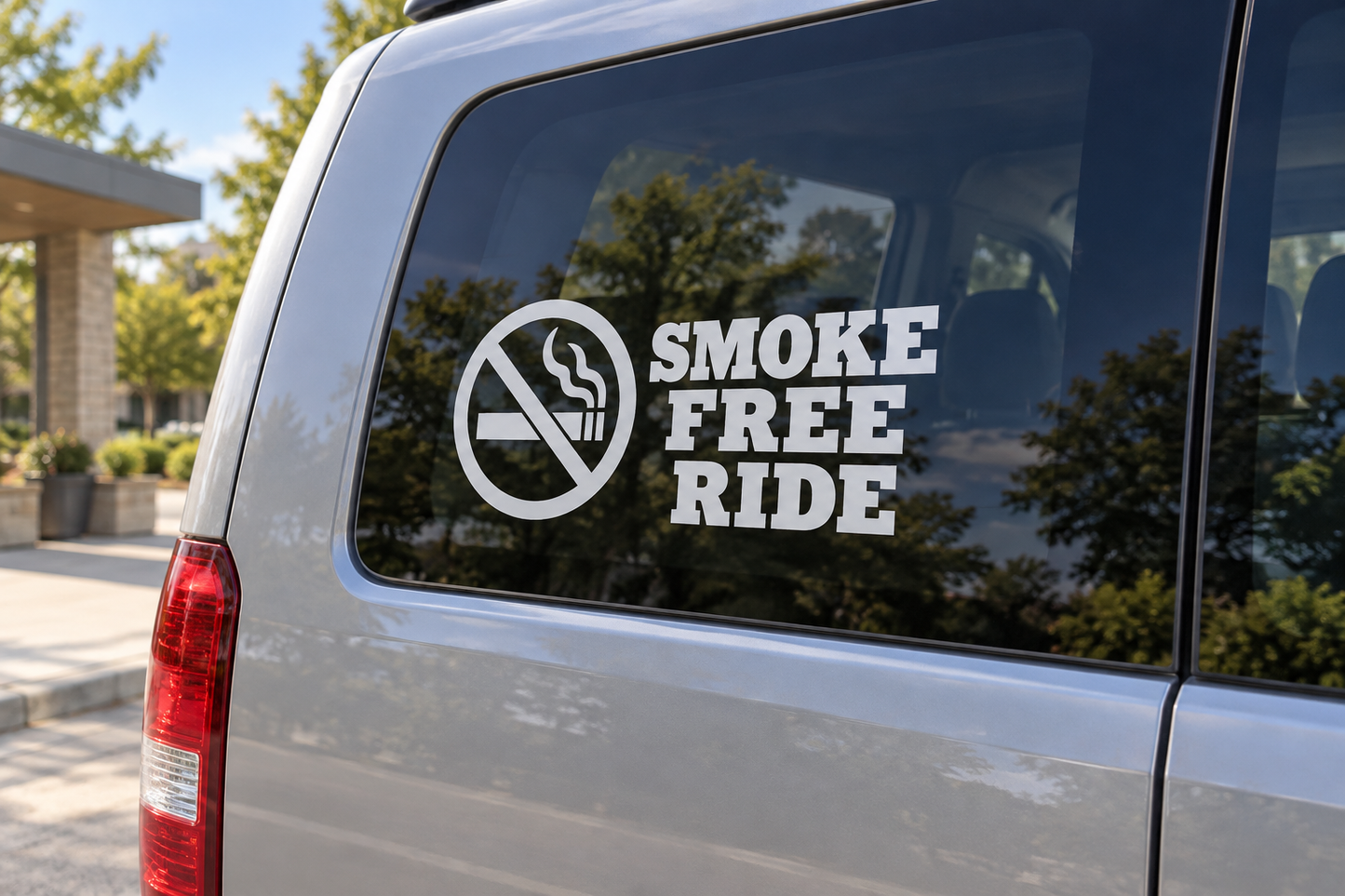 Smoke-free ride vinyl decal: white no-smoking icon with slash and SMOKE FREE RIDE