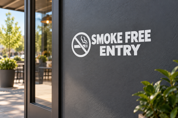Smoke Free Entry wide lettering vinyl decal with no-smoking symbol, white text