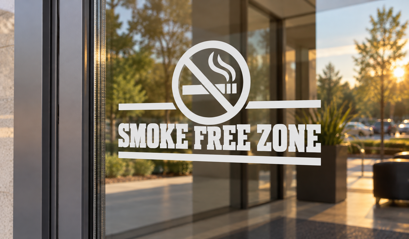 White “Smoke Free Zone” vinyl decal with no smoking symbol on glass window.