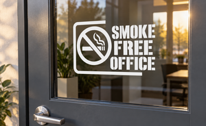 Smoke Free Office Corner vinyl decal on glass door with no-smoking symbol and text