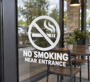 No smoking near entrance vinyl decal: crossed cigarette icon with NO SMOKING text