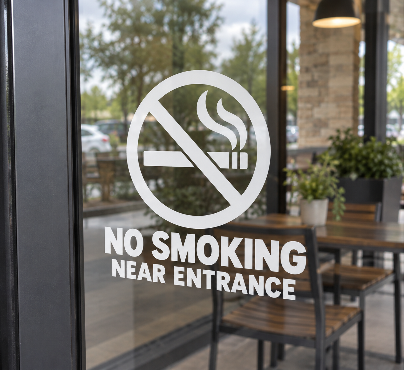 No smoking near entrance vinyl decal: crossed cigarette icon with NO SMOKING text