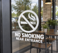 No smoking near entrance vinyl decal: crossed cigarette icon with NO SMOKING text