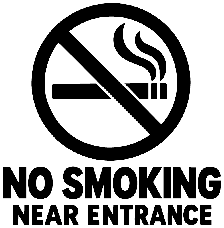 No smoking near entrance vinyl decal with crossed cigarette smoke icon and NO SMOKING text