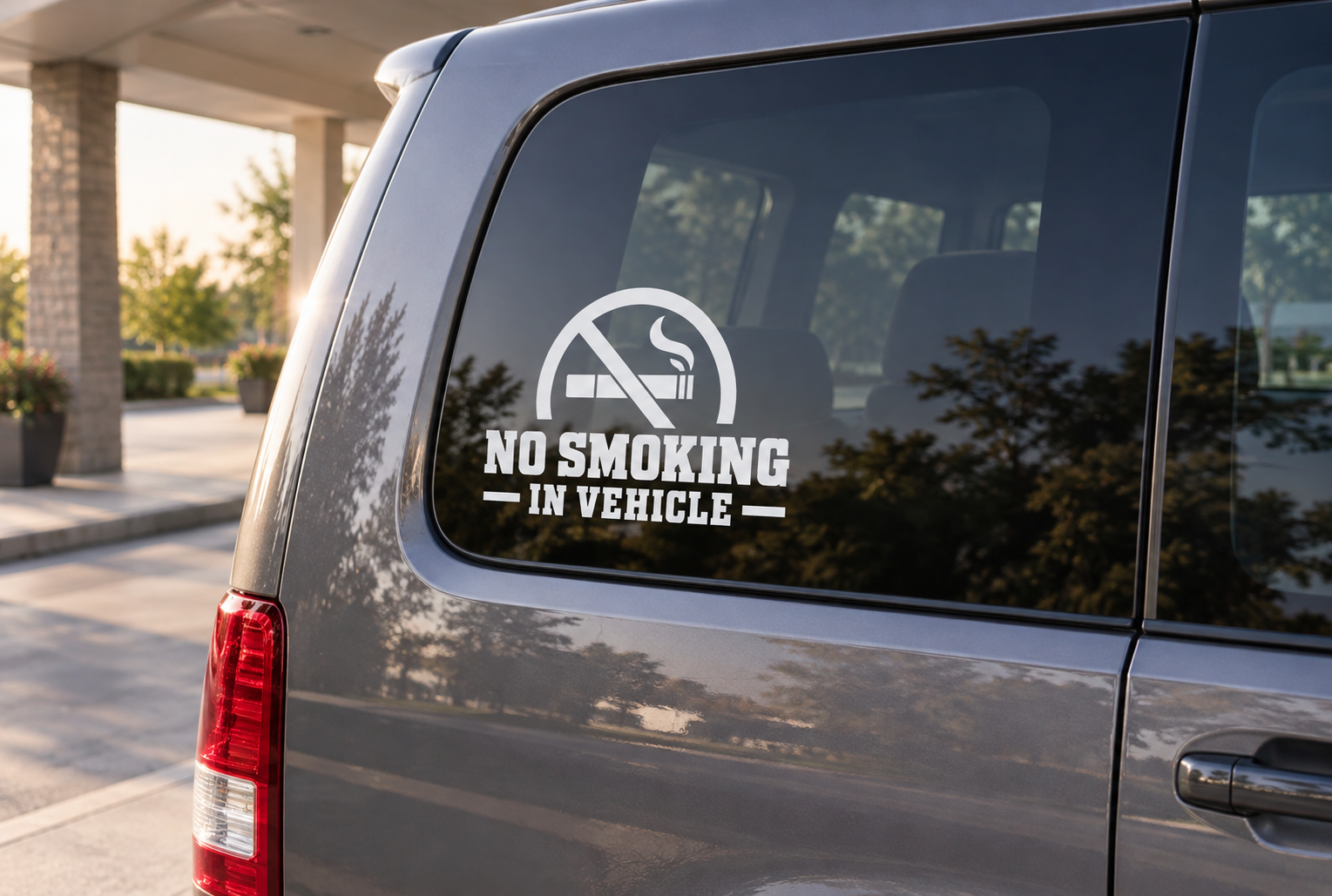 Vehicle window arch vinyl decal: no smoking in vehicle with cigarette icon and slash