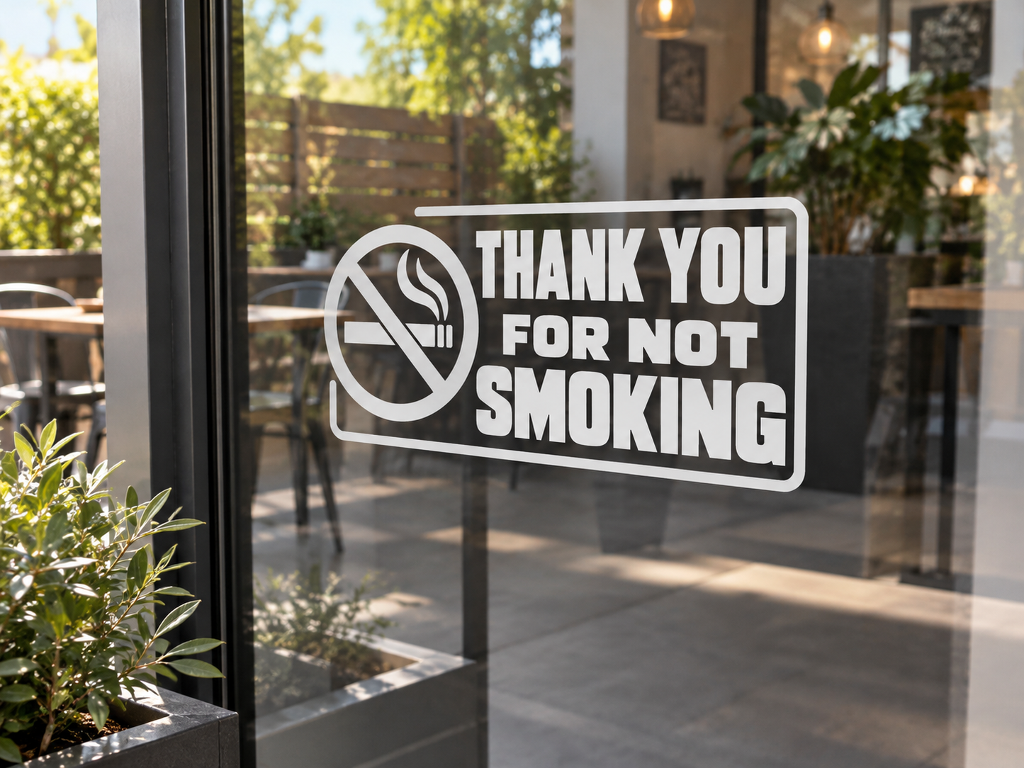 Corner vinyl decal with “THANK YOU FOR NOT SMOKING” text and no-smoking icon