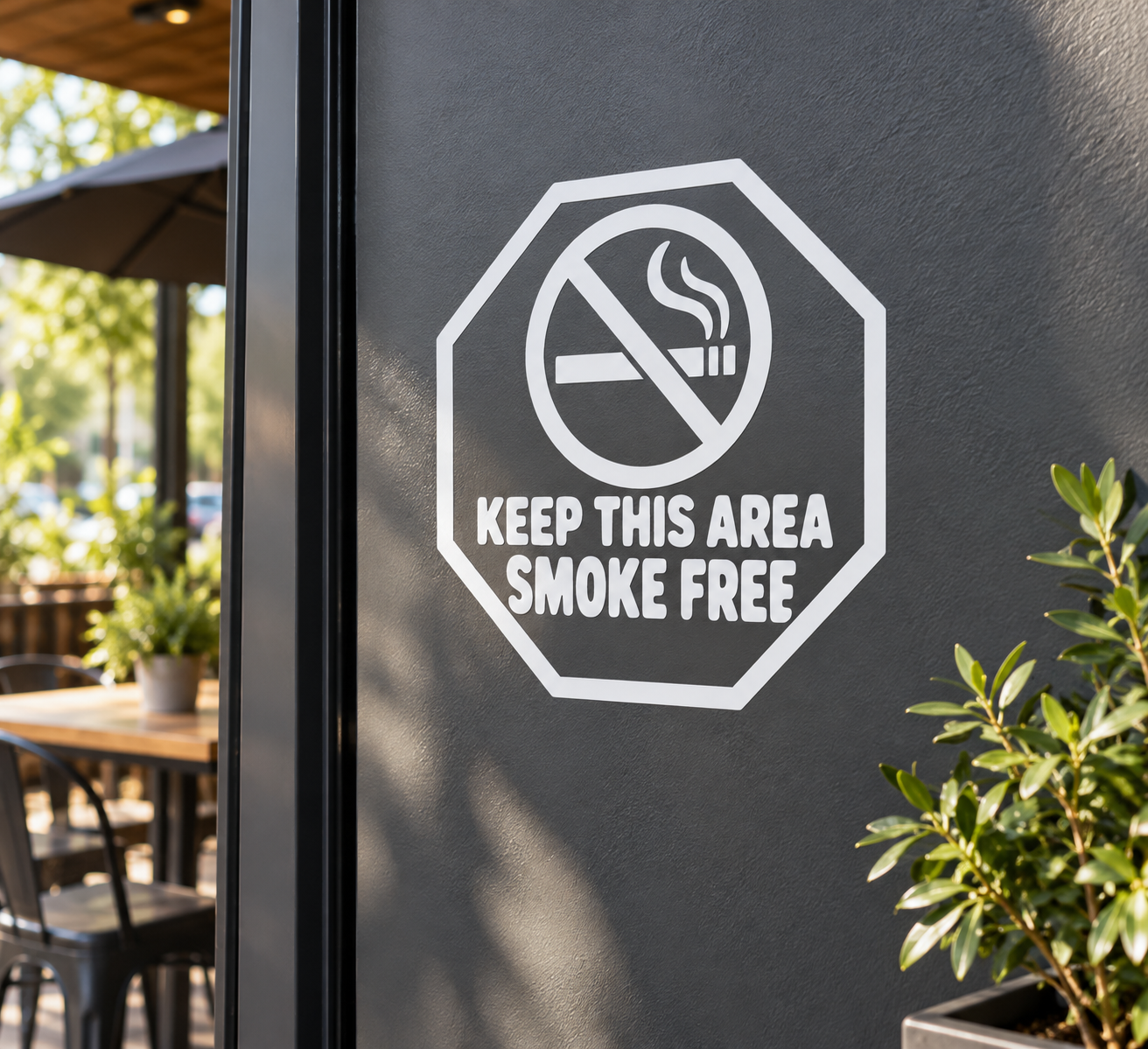 Octagon vinyl decal: no-smoking sign with cigarette smoke and “Keep this area smoke free”.