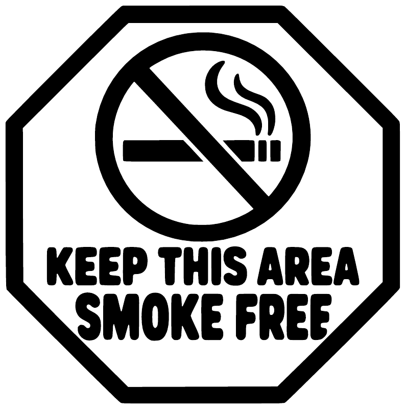 Octagon no-smoking vinyl decal with cigarette icon and “Keep this area smoke free” text.