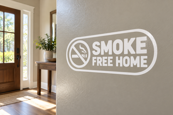 Smoke free home vinyl decal, white with no-smoking icon and “SMOKE FREE HOME” text
