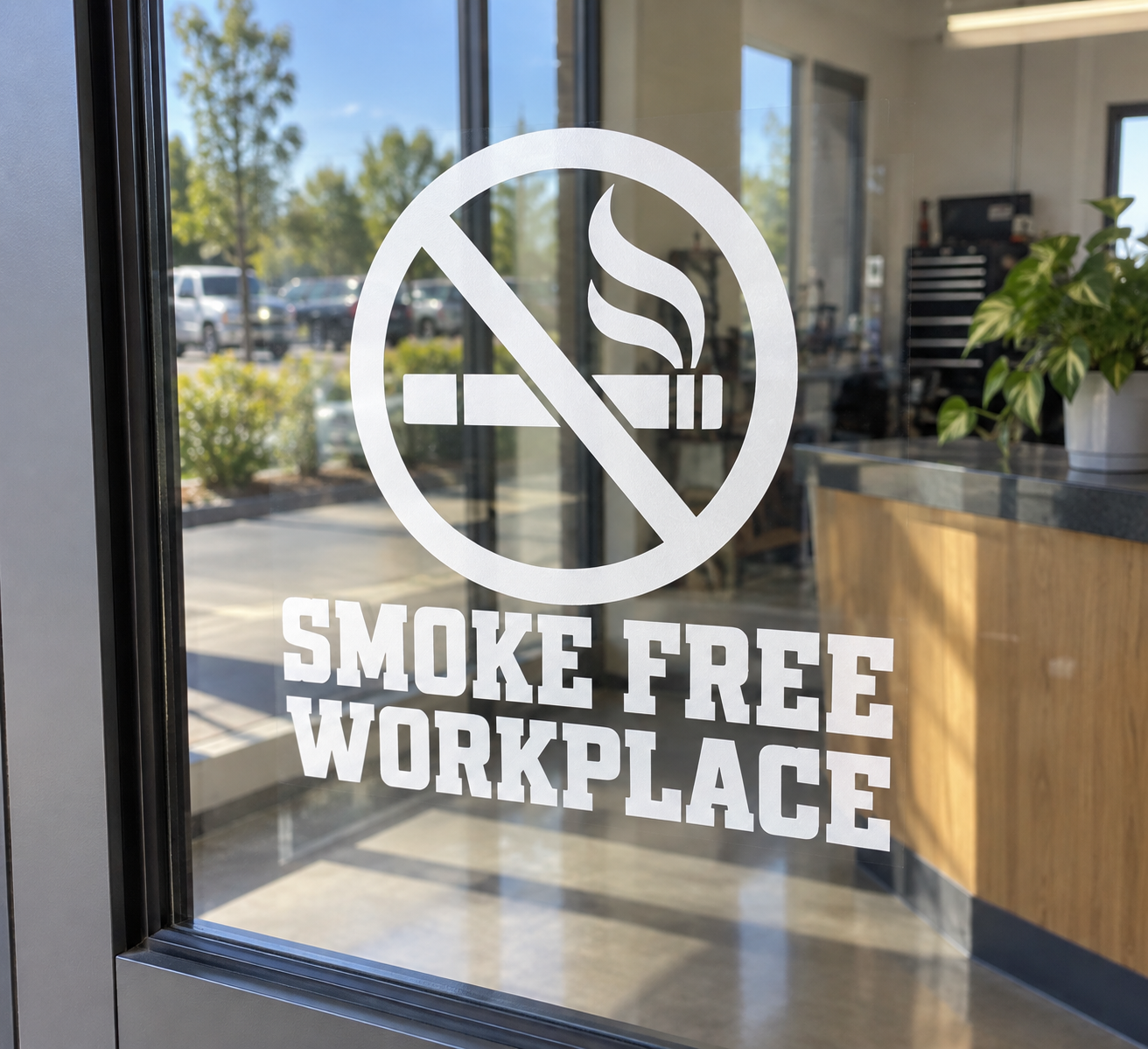 Smoke-free workplace prohibition vinyl decal with crossed-out smoking icon and text