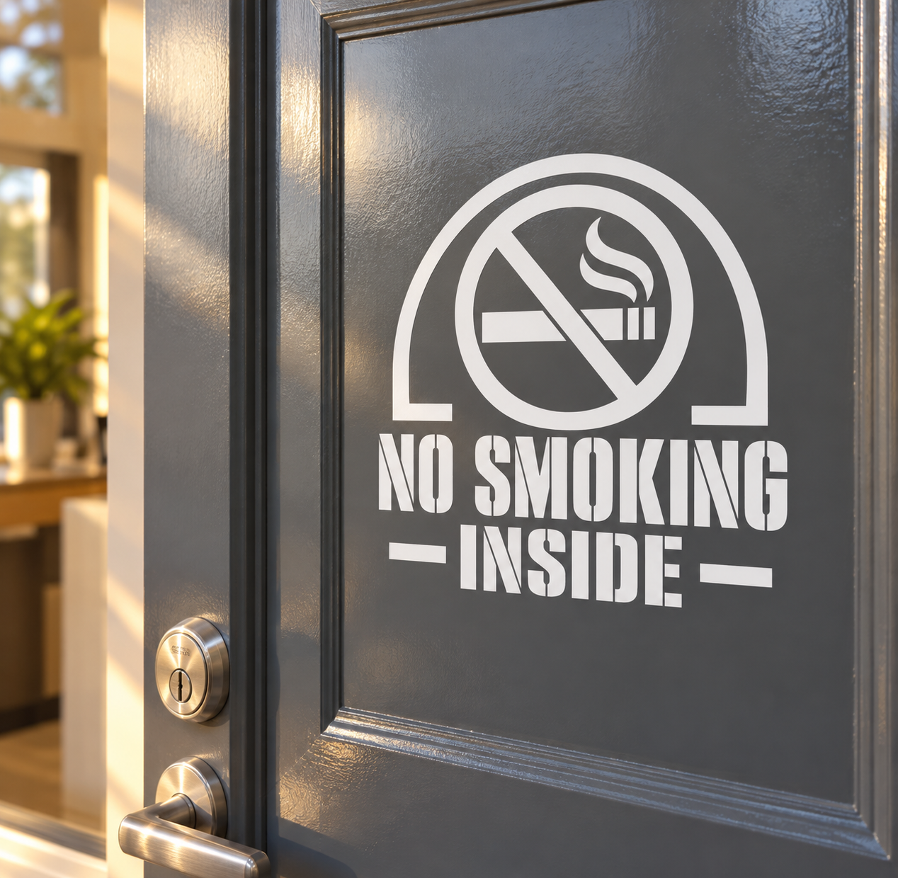 No smoking inside vinyl decal with crossed cigarette icon and bold white text