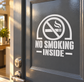 No smoking inside vinyl decal with crossed cigarette icon and bold white text