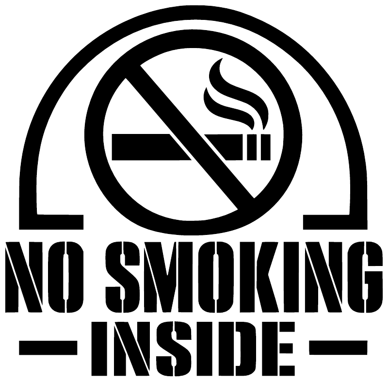 No smoking inside vinyl decal close-up: crossed cigarette symbol with NO SMOKING INSIDE