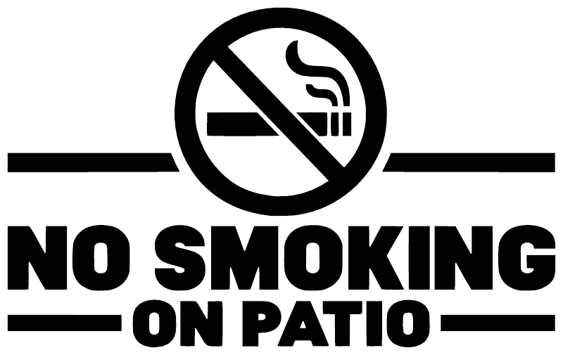 No smoking on patio vinyl decal in black with crossed cigarette icon and double lines