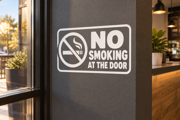 No smoking at the door corner vinyl decal with no-smoking symbol and text