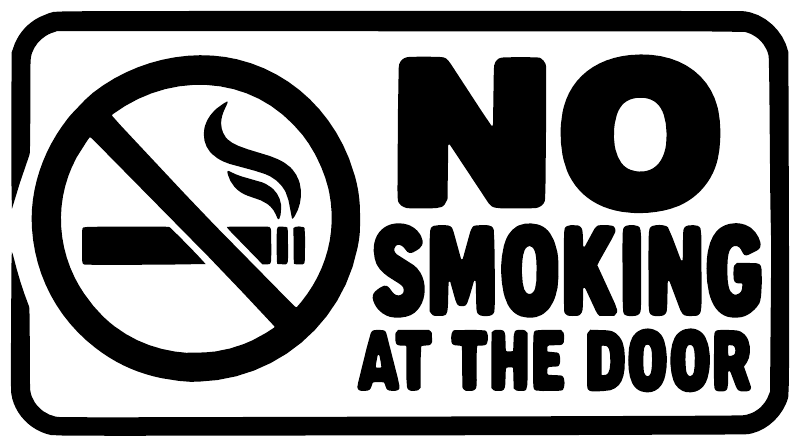 No smoking at the door vinyl decal, black text and cigarette ban symbol