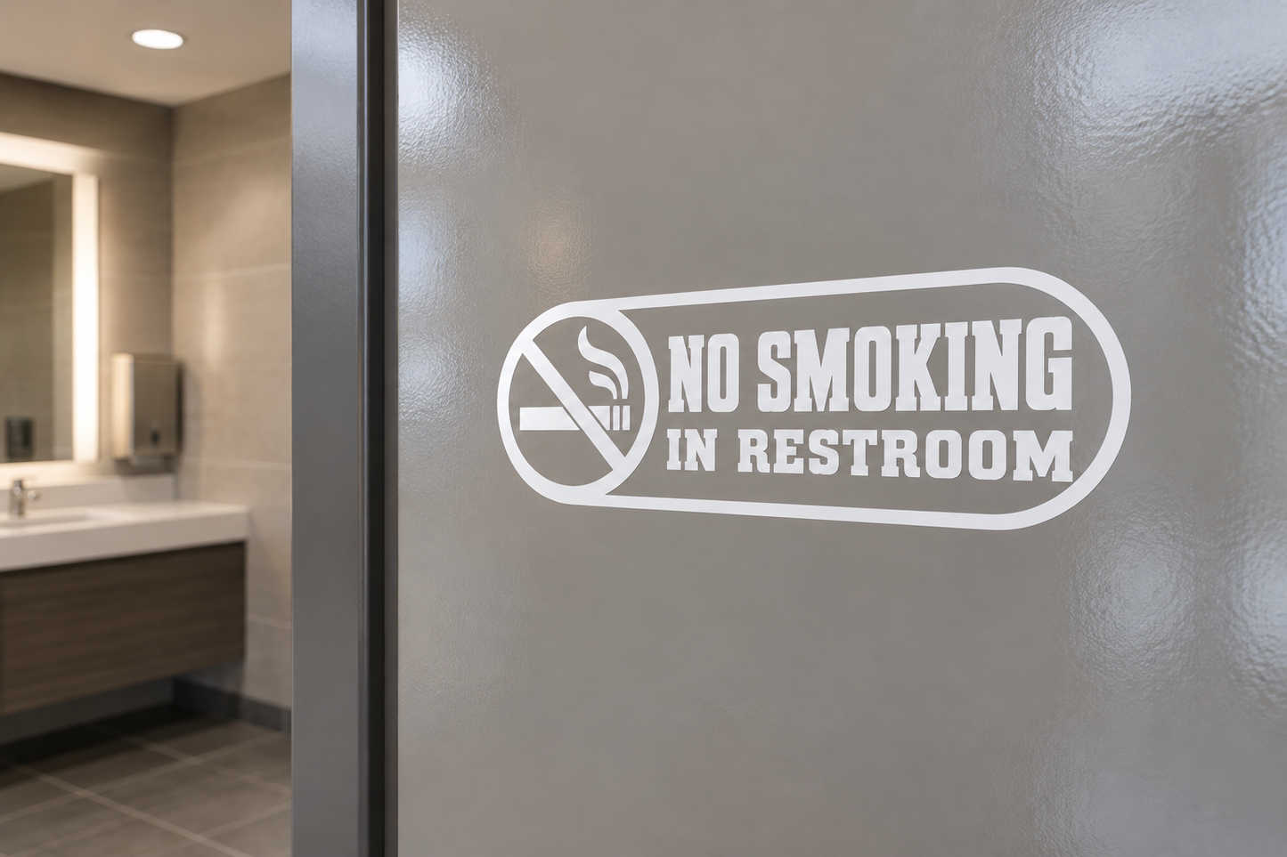 White pill-frame vinyl decal: No Smoking in Restroom sign with crossed cigarette icon