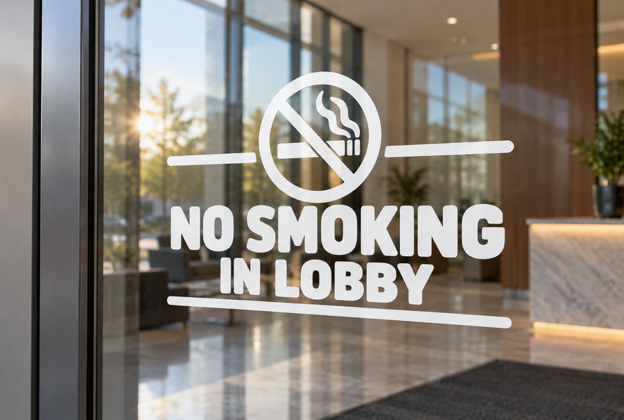 No smoking in lobby vinyl decal with crossed cigarette symbol, white