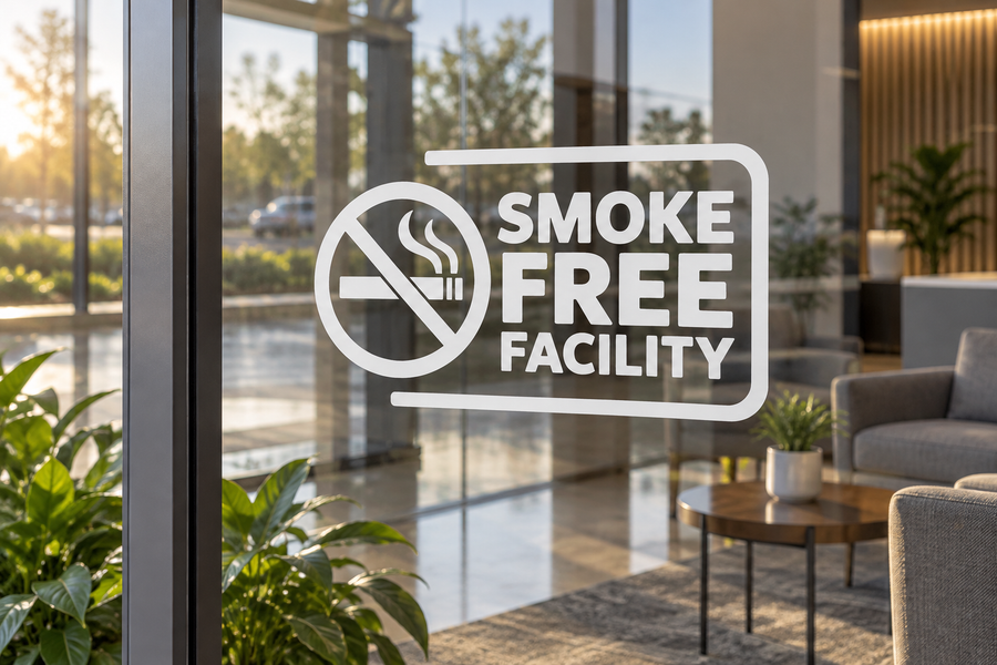 Corner smoke-free facility vinyl decal with no-smoking icon and 'SMOKE FREE FACILITY'