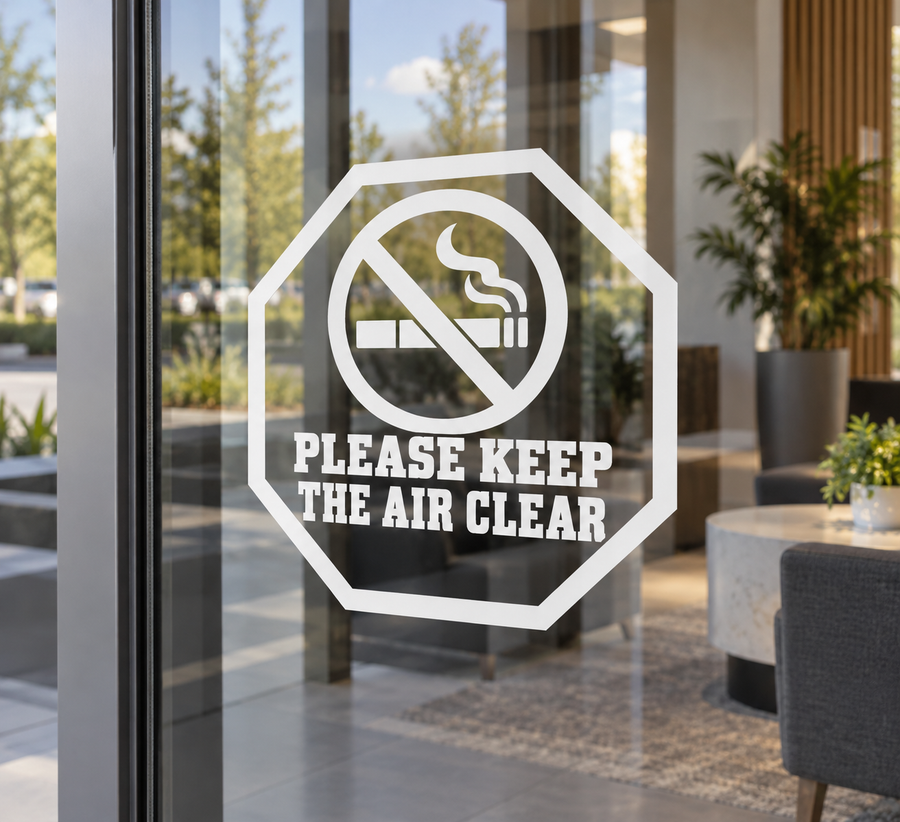 Octagon vinyl decal: no smoking icon with “Please Keep the Air Clear” text