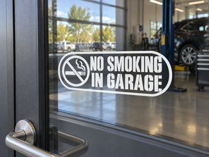 Pill-shaped vinyl decal: No Smoking in Garage with cigarette icon and slash, white text